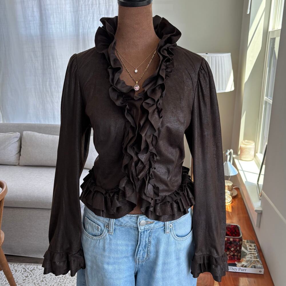 2000s INC International Concepts Brown Faux Leather Ruffle Jacket Petite Medium